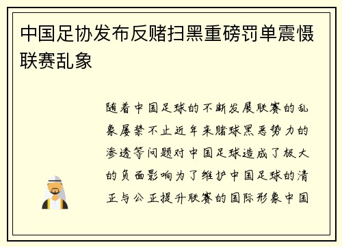 中国足协发布反赌扫黑重磅罚单震慑联赛乱象